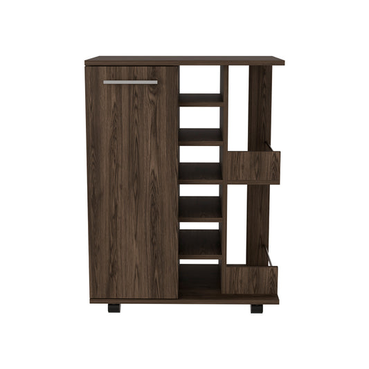Dark wood rolling kitchen cart with cabinet and open shelving