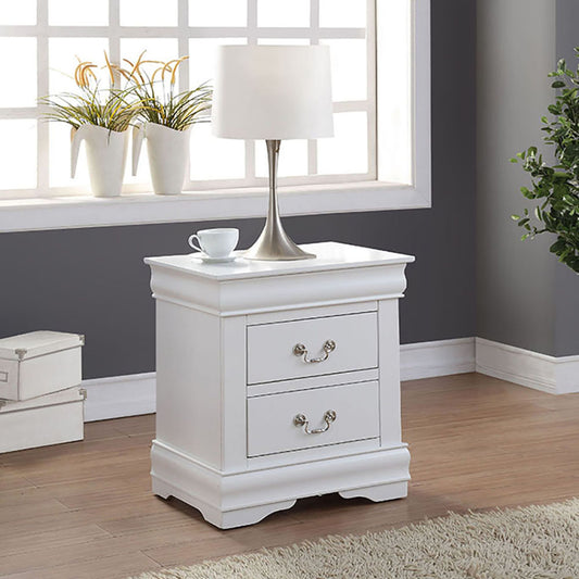 White wooden nightstand with two drawers and ornate silver handles