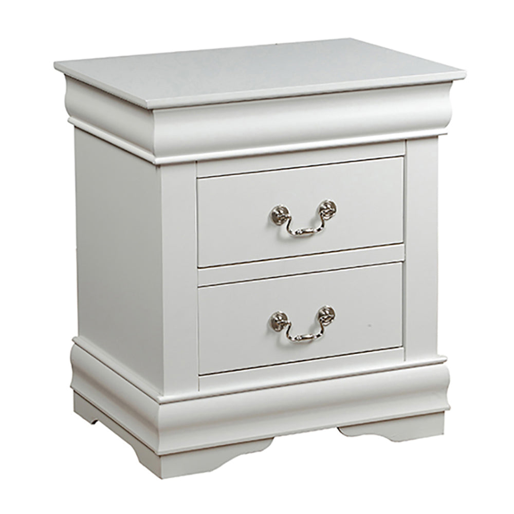 White twodrawer nightstand with ornate silver hardware