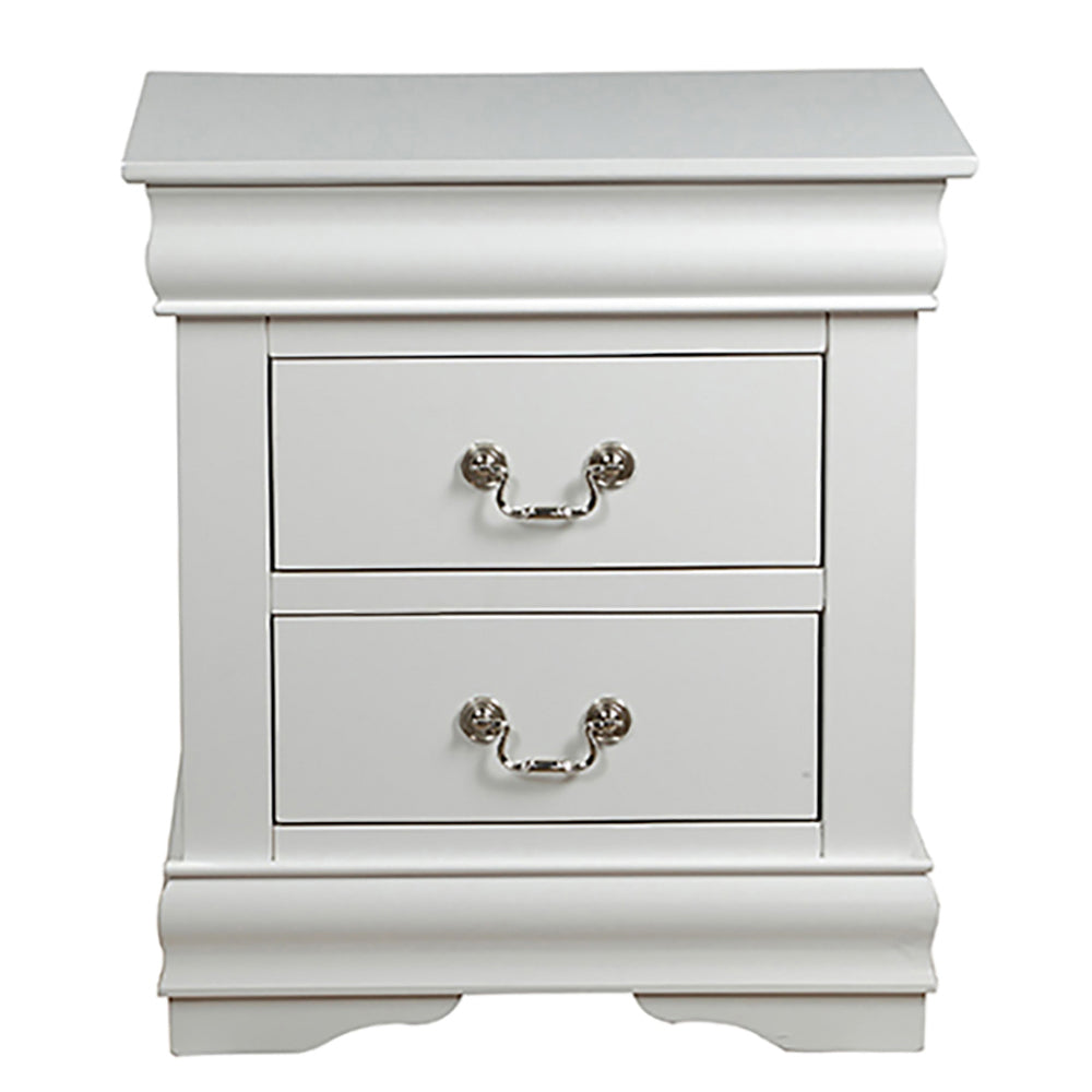 White twodrawer nightstand with ornate silver pulls and a curved base