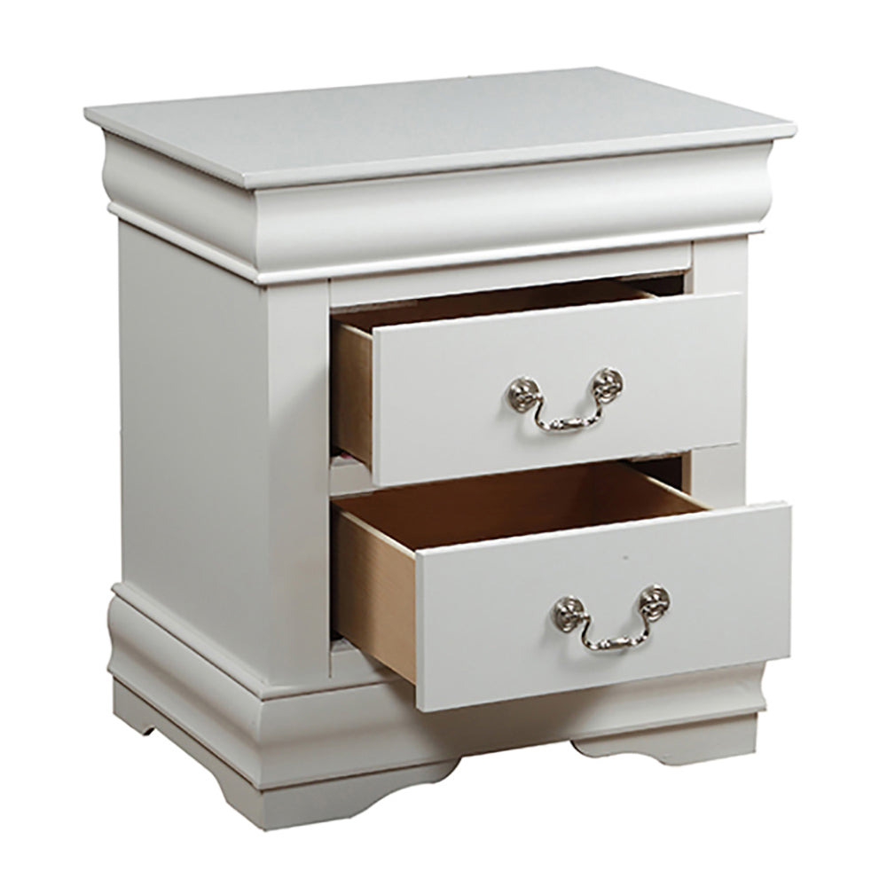 White sleigh style nightstand with two open drawers and ornate silver pulls
