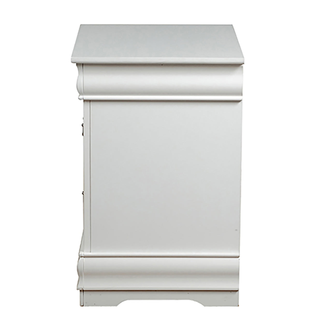 White vintage bedside table with ornate trim and three drawers visible