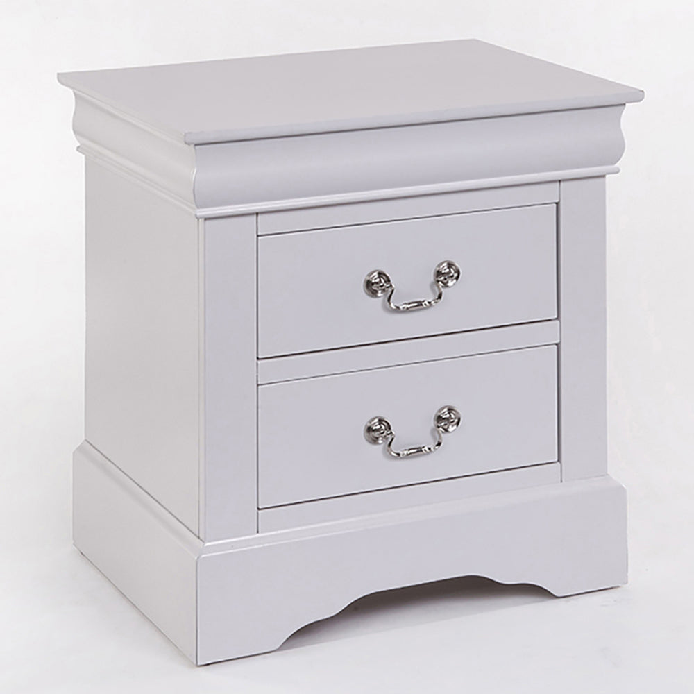 Grey wooden bedside table with two drawers and ornate silver handles