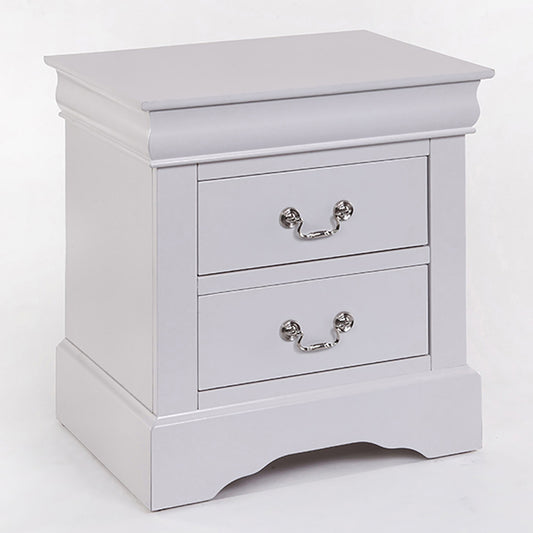 Grey wooden bedside table with two drawers and ornate silver handles