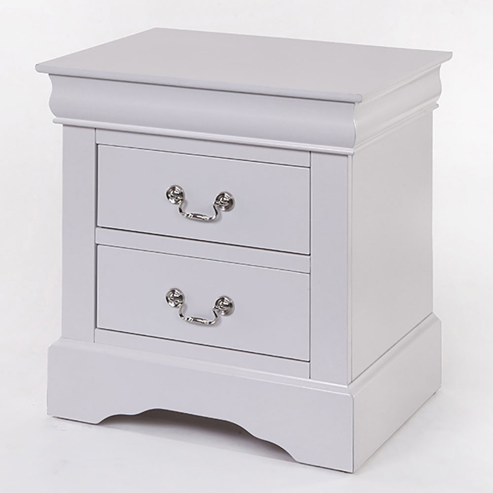 Light grey twodrawer nightstand with ornate silver drawer pulls