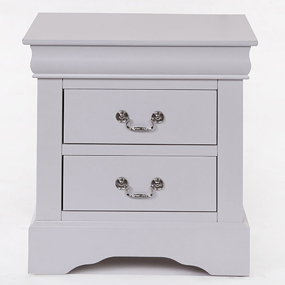 Grey twodrawer nightstand with ornate silver pull handles and a decorative top edge