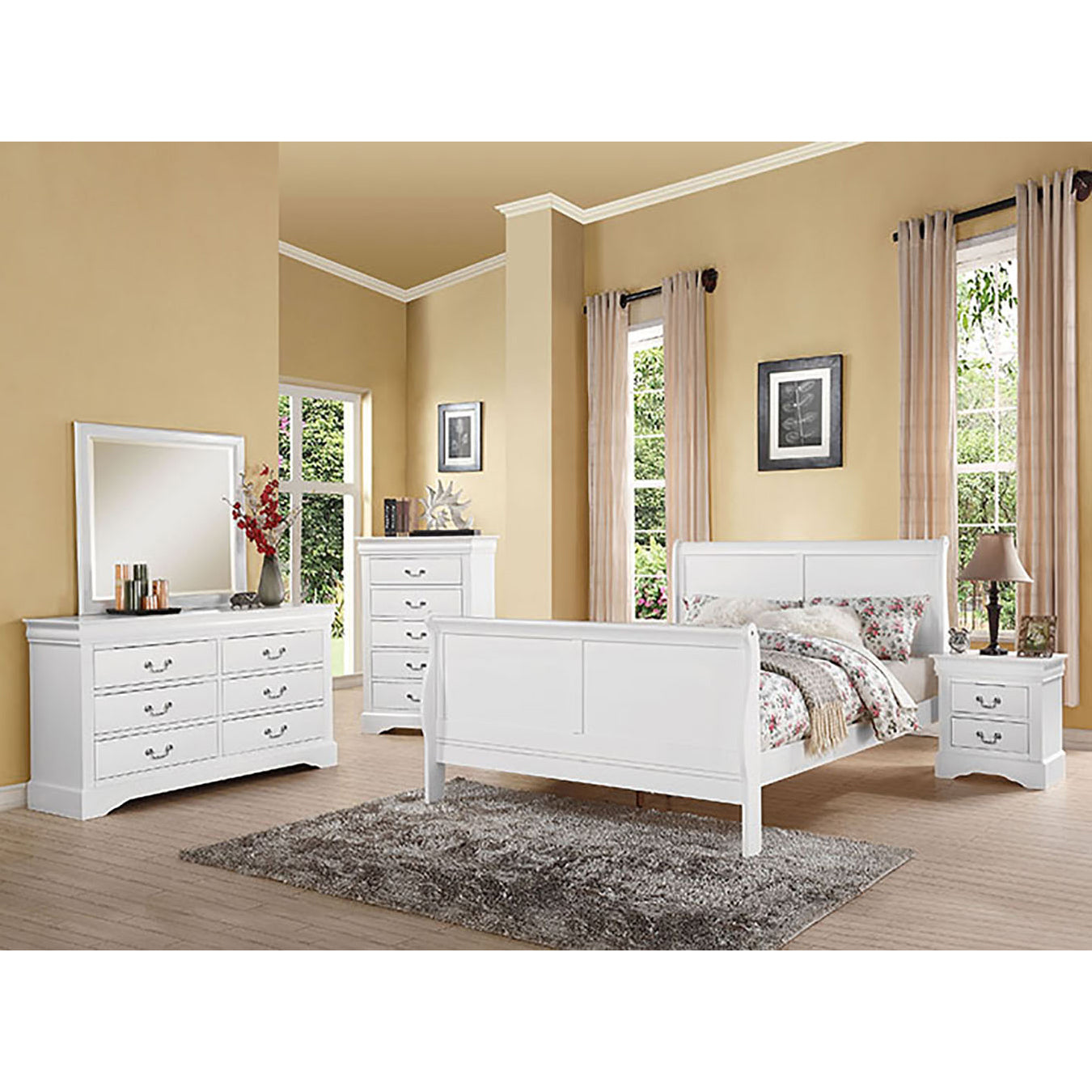 White sleigh bed with floral bedding part of a bedroom set