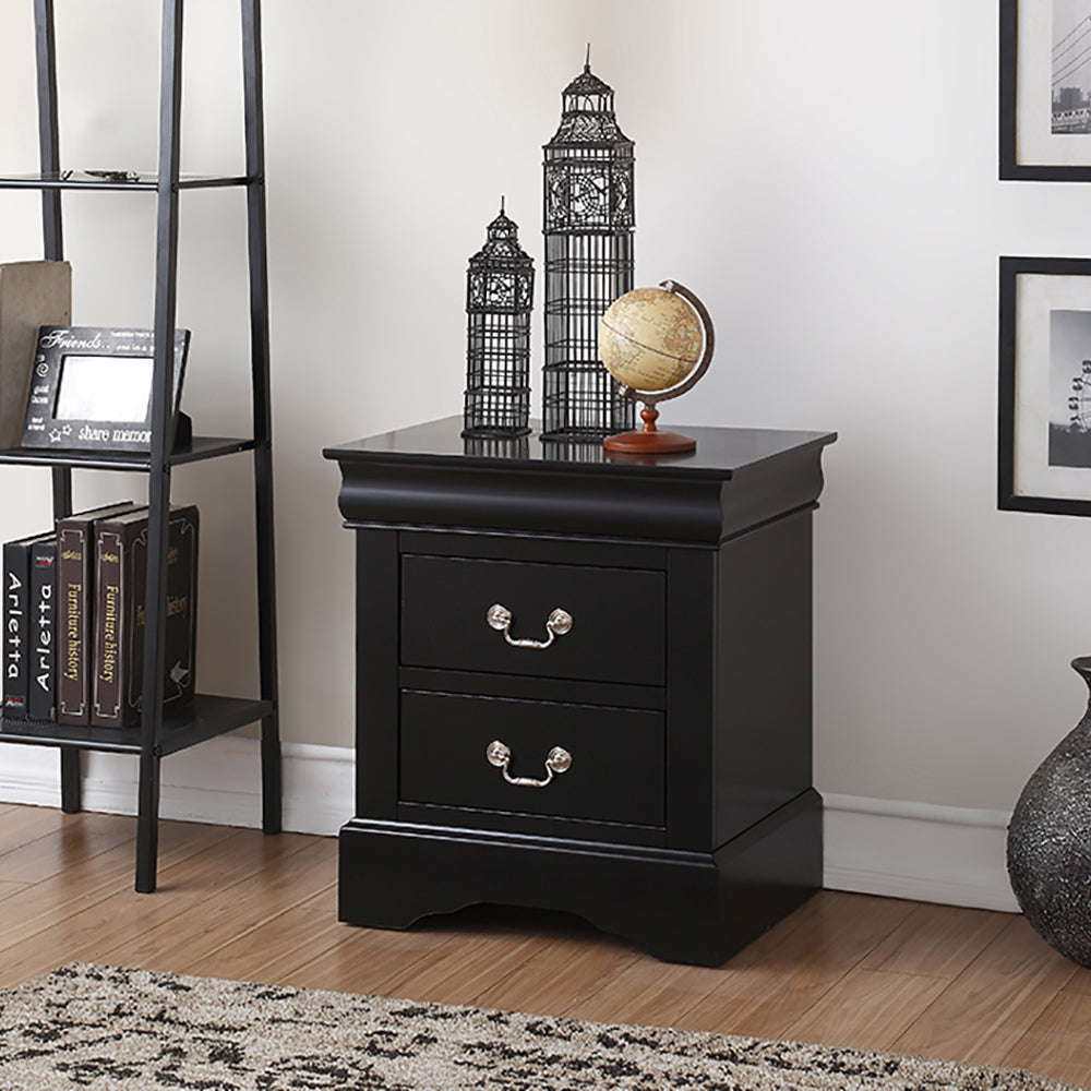 Elegant black bedside table with two drawers and ornate silver handles