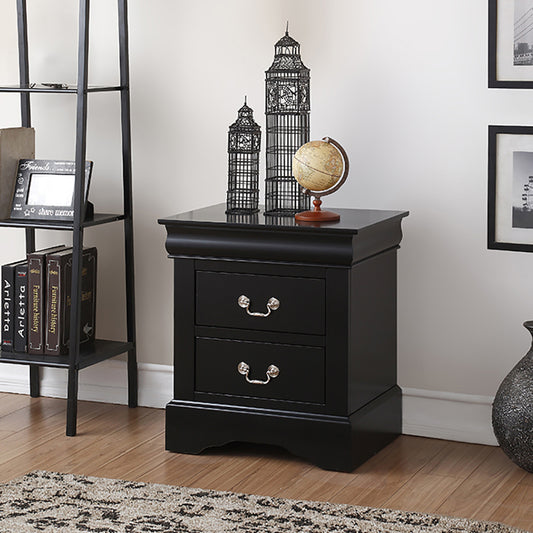 Elegant black bedside table with two drawers and ornate silver handles