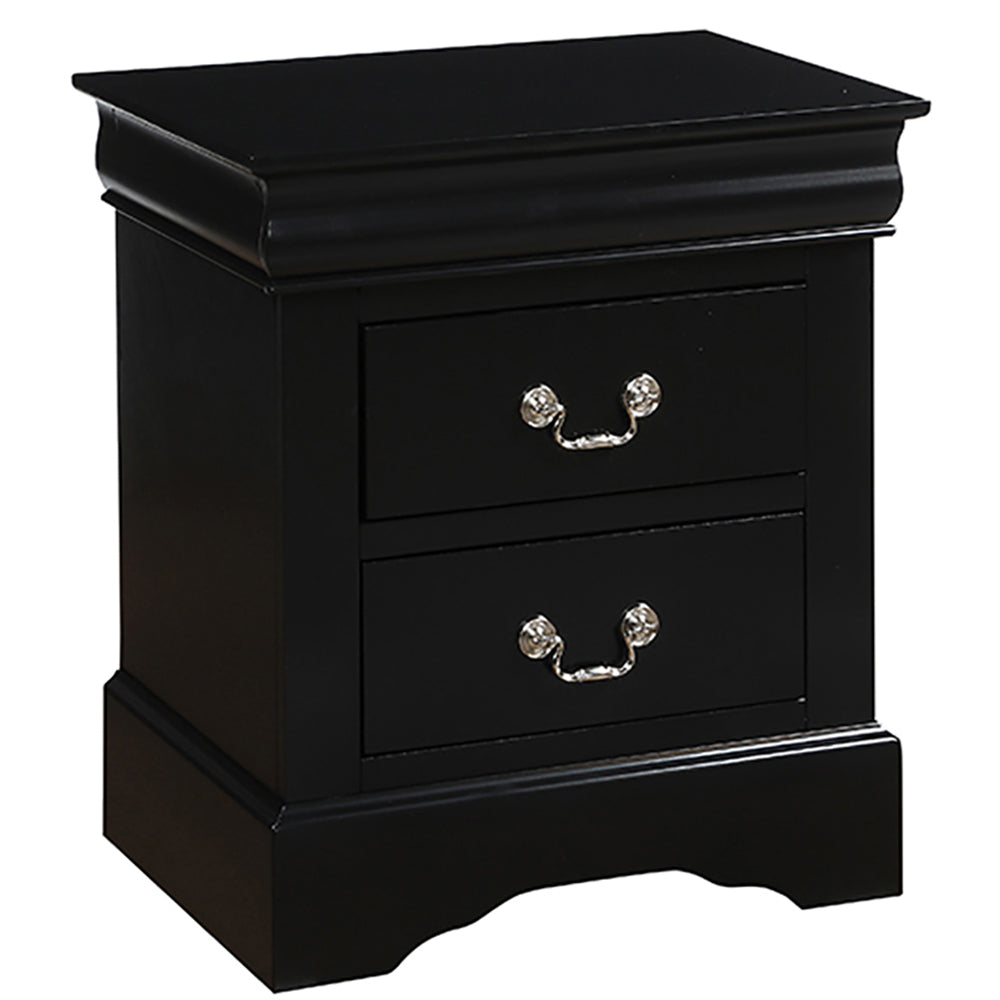 Black wooden nightstand with two drawers and ornate silver pulls