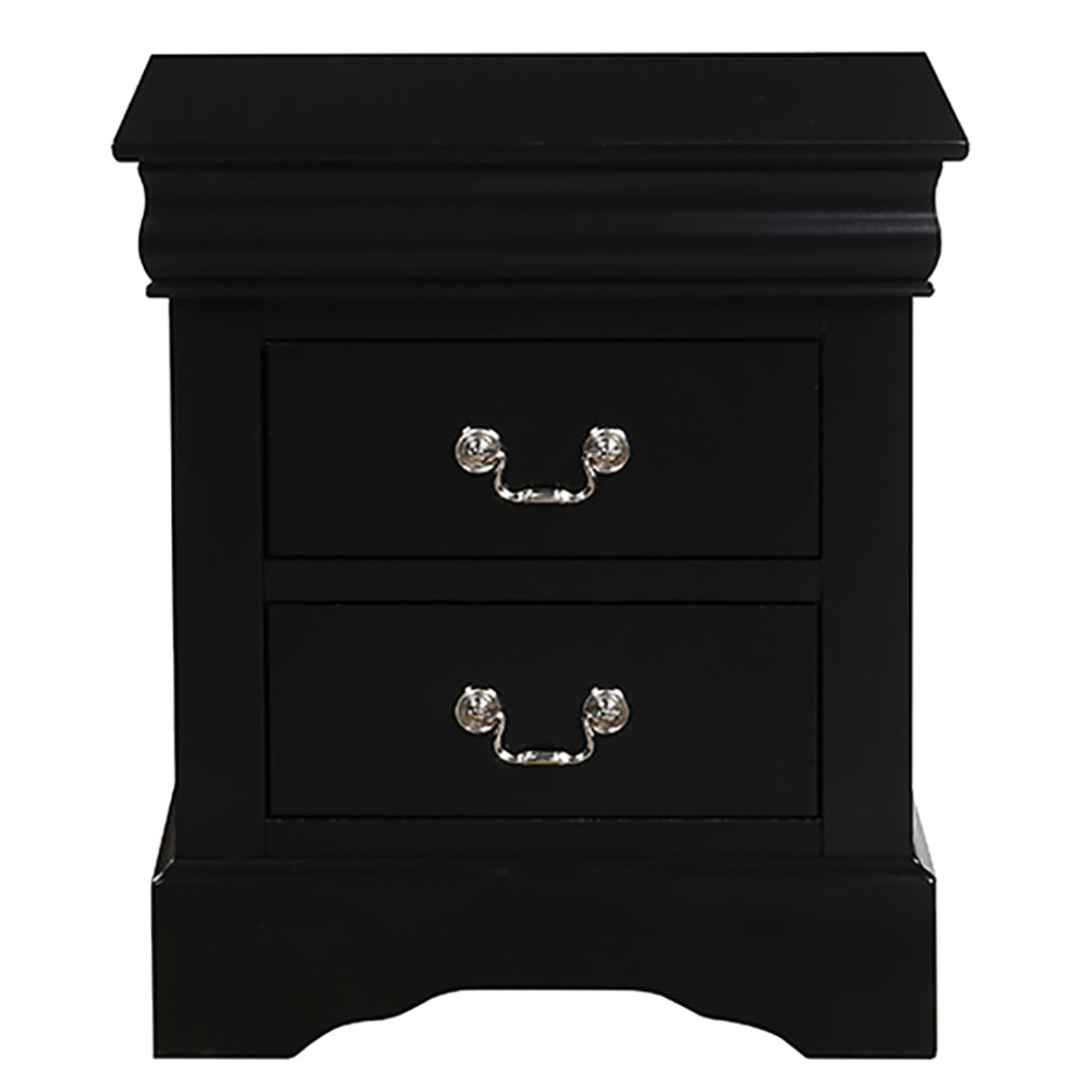 Elegant black nightstand with two drawers and ornate silver pulls for bedroom storage