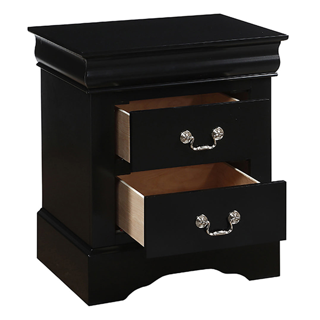 Classic black twodrawer nightstand with ornate silver hardware