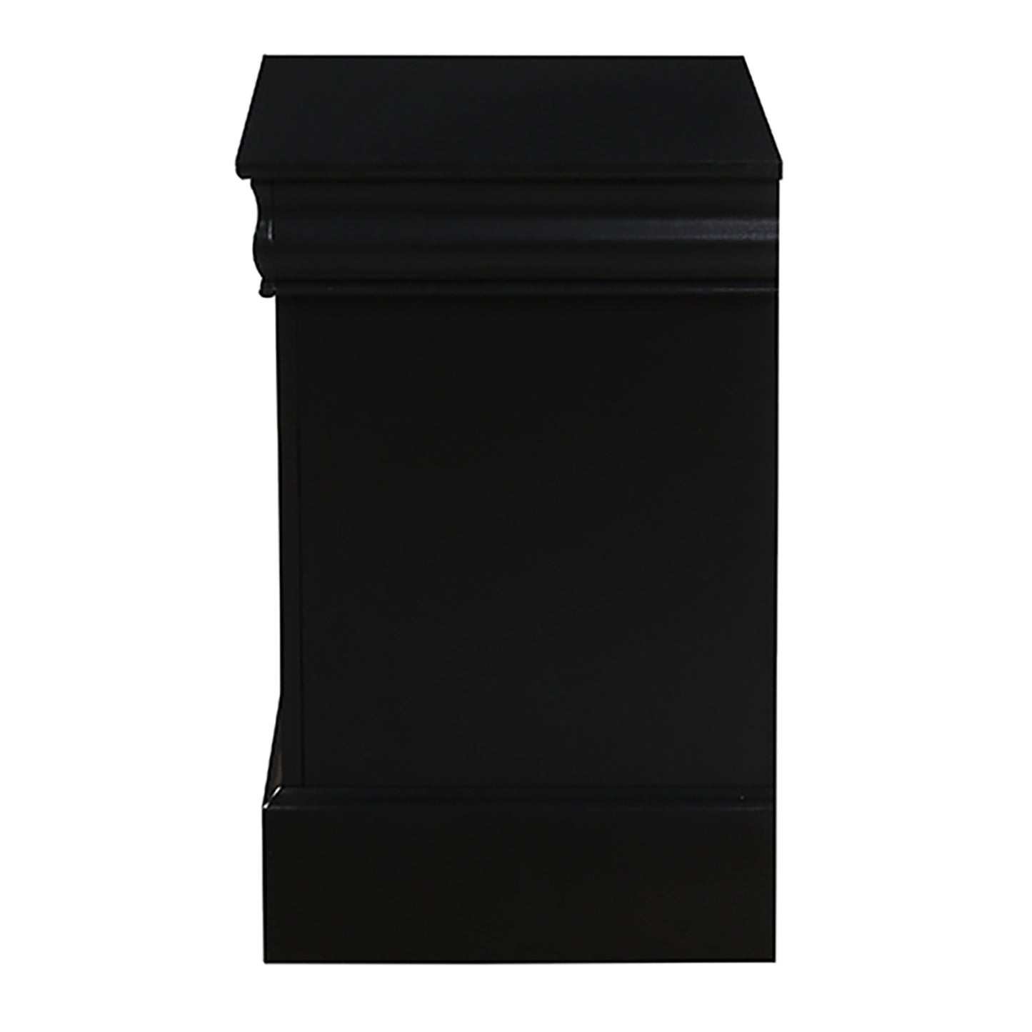 Black wooden nightstand with detailed molding on top edge