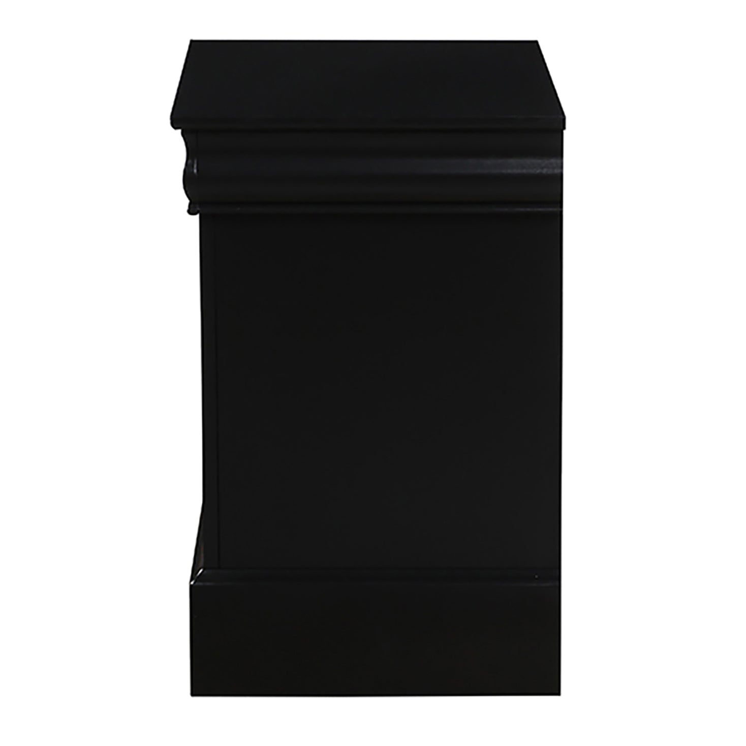 Black wooden nightstand with detailed molding on top edge