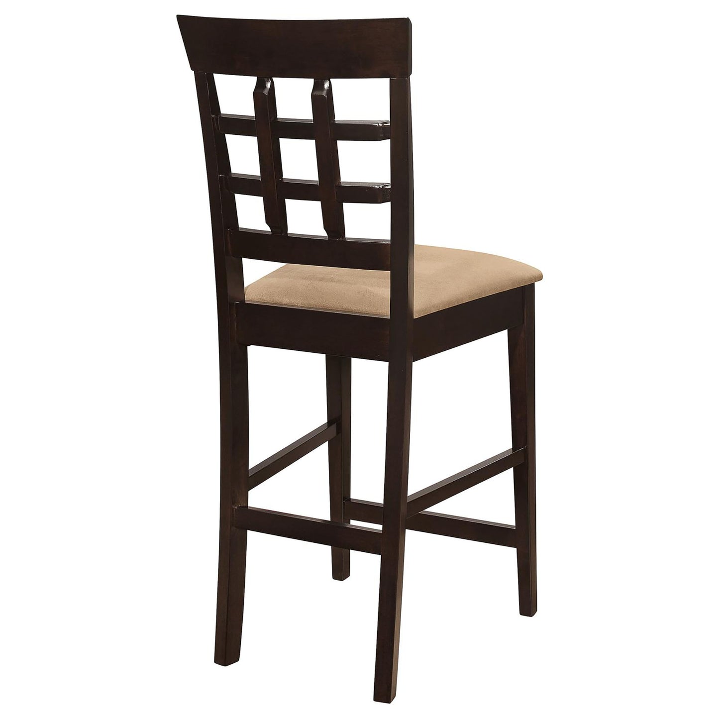 Dark brown wooden bar stool with tan upholstered seat and lattice back