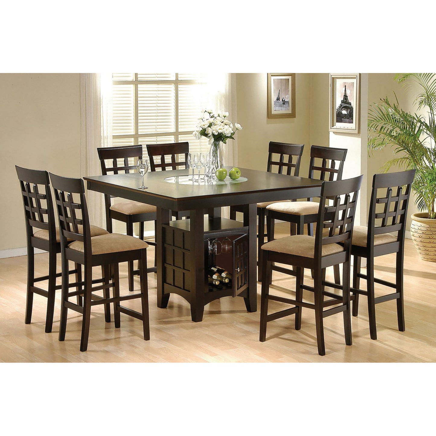 Dark wood square bar table with builtin wine rack and eight matching counter stools