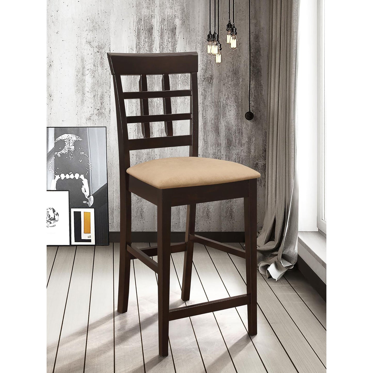 Dark brown wooden bar stool with beige upholstered seat modern home bar seating
