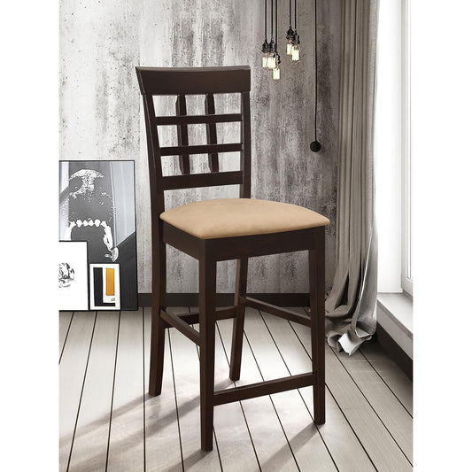 Dark brown wooden bar stool with beige upholstered seat modern home bar seating