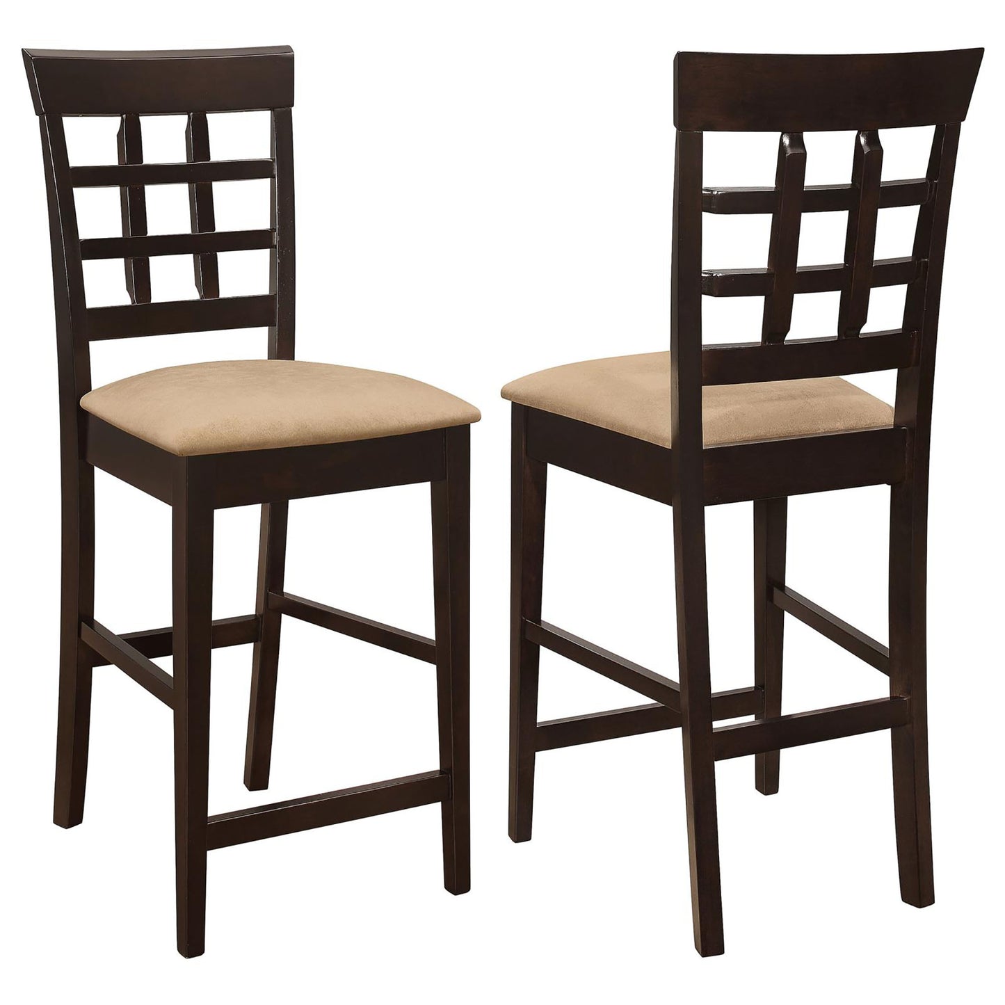 Dark brown wood bar stool with tan upholstered seat and lattice backrest