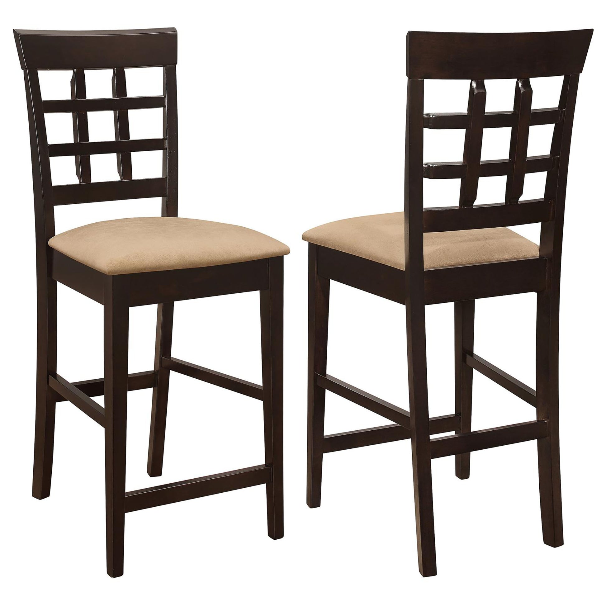 Dark brown wood bar stool with tan upholstered seat and lattice backrest