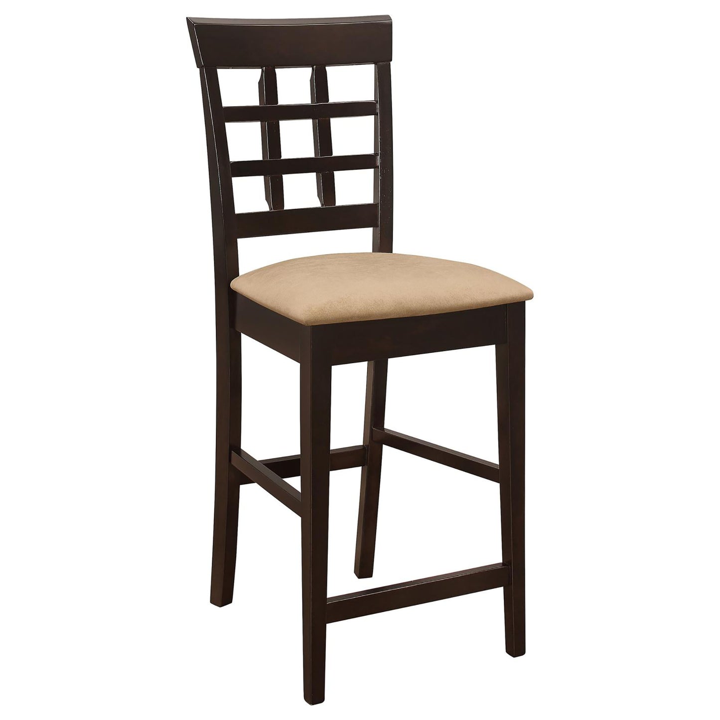 Dark brown wood counter stool with tan cushioned seat and lattice back design