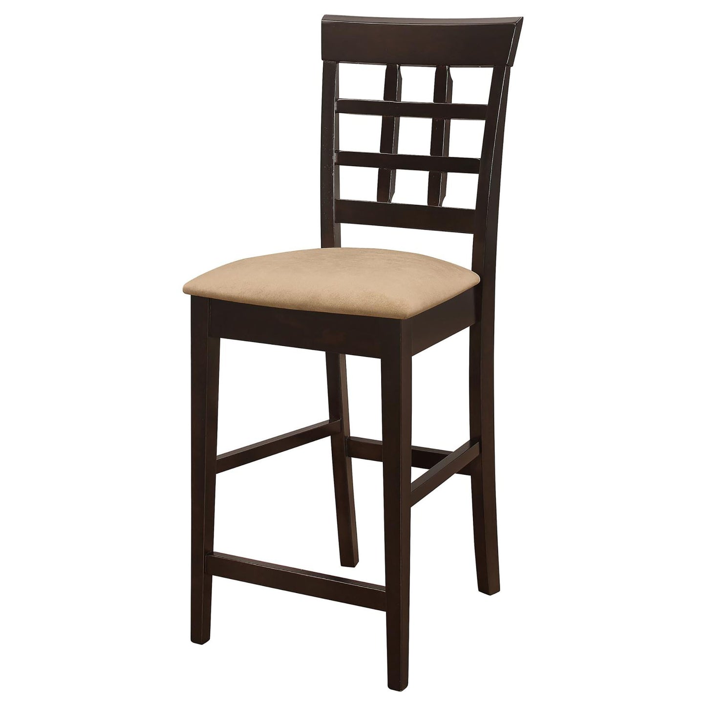 Dark brown wooden bar stool with upholstered beige seat and geometric backrest