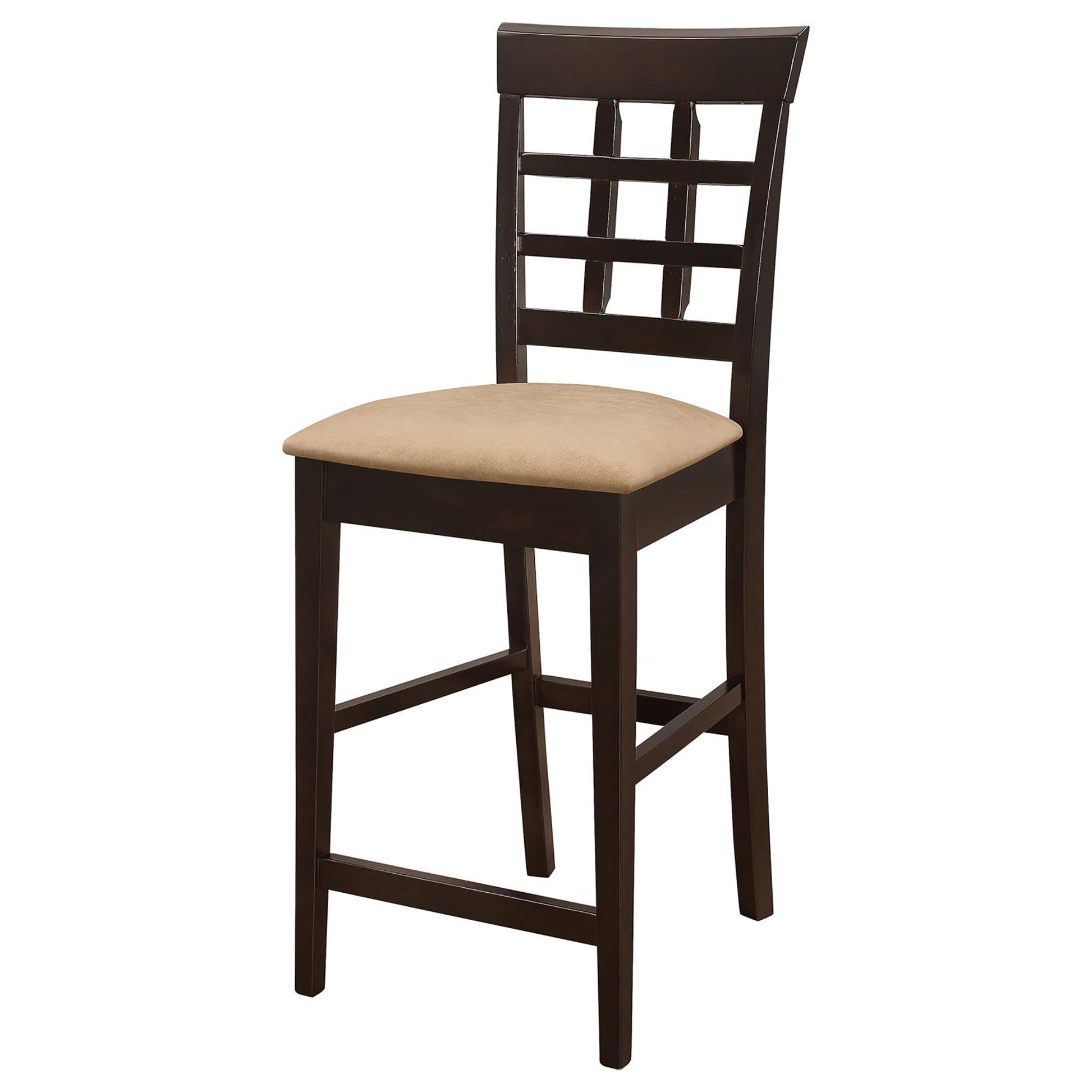 Dark brown wooden bar stool with upholstered beige seat and geometric backrest