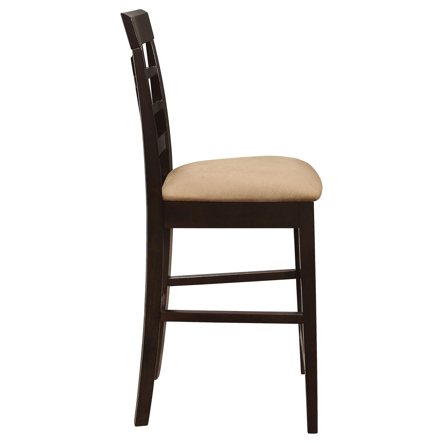 Dark wood bar stool with beige upholstered seat slatted backrest