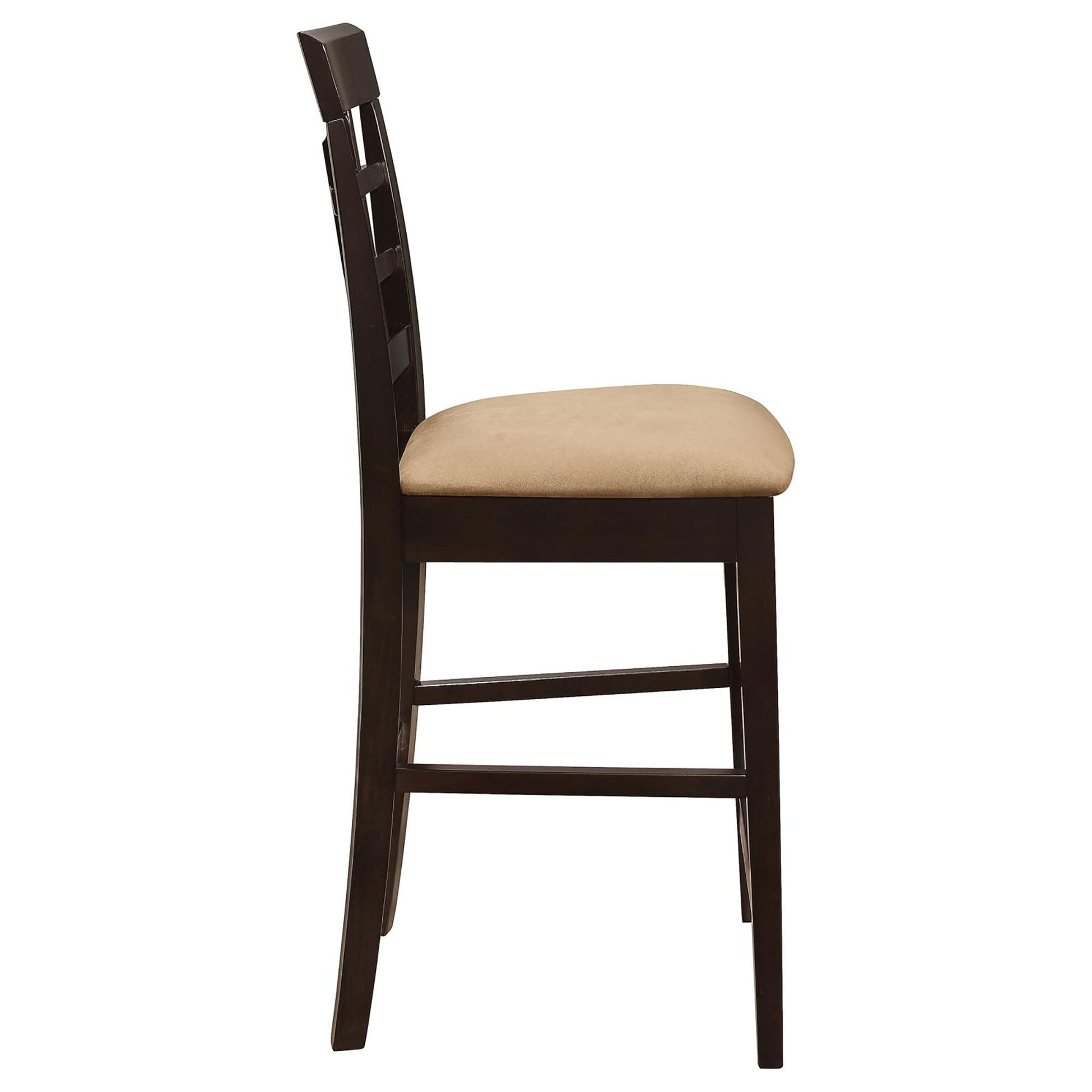 Dark wood bar stool with beige upholstered seat slatted backrest