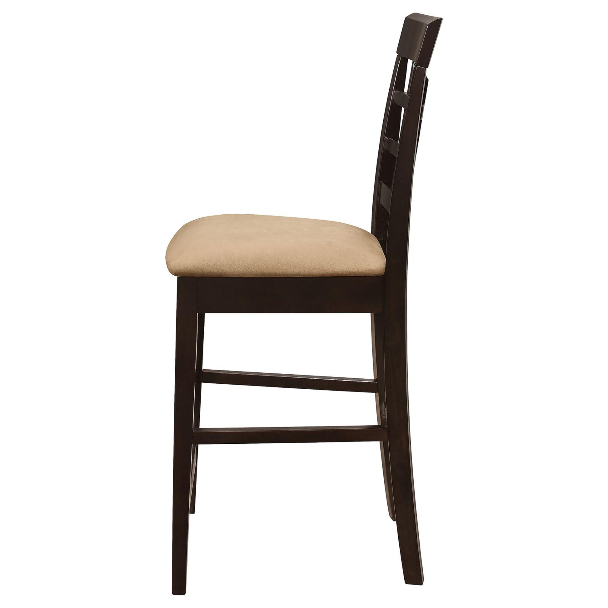 Dark wood counter stool with tan fabric seat slat back design  characters
