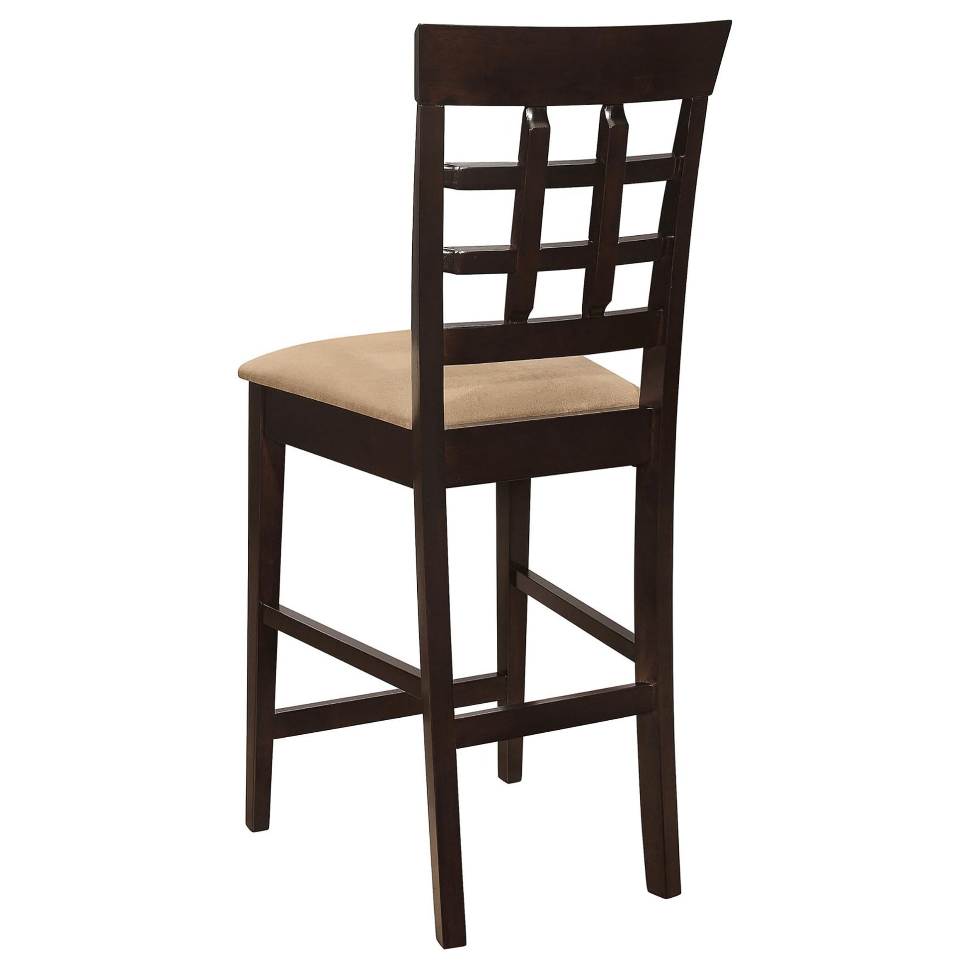 Dark brown wooden bar stool with a beige upholstered seat and geometric backrest