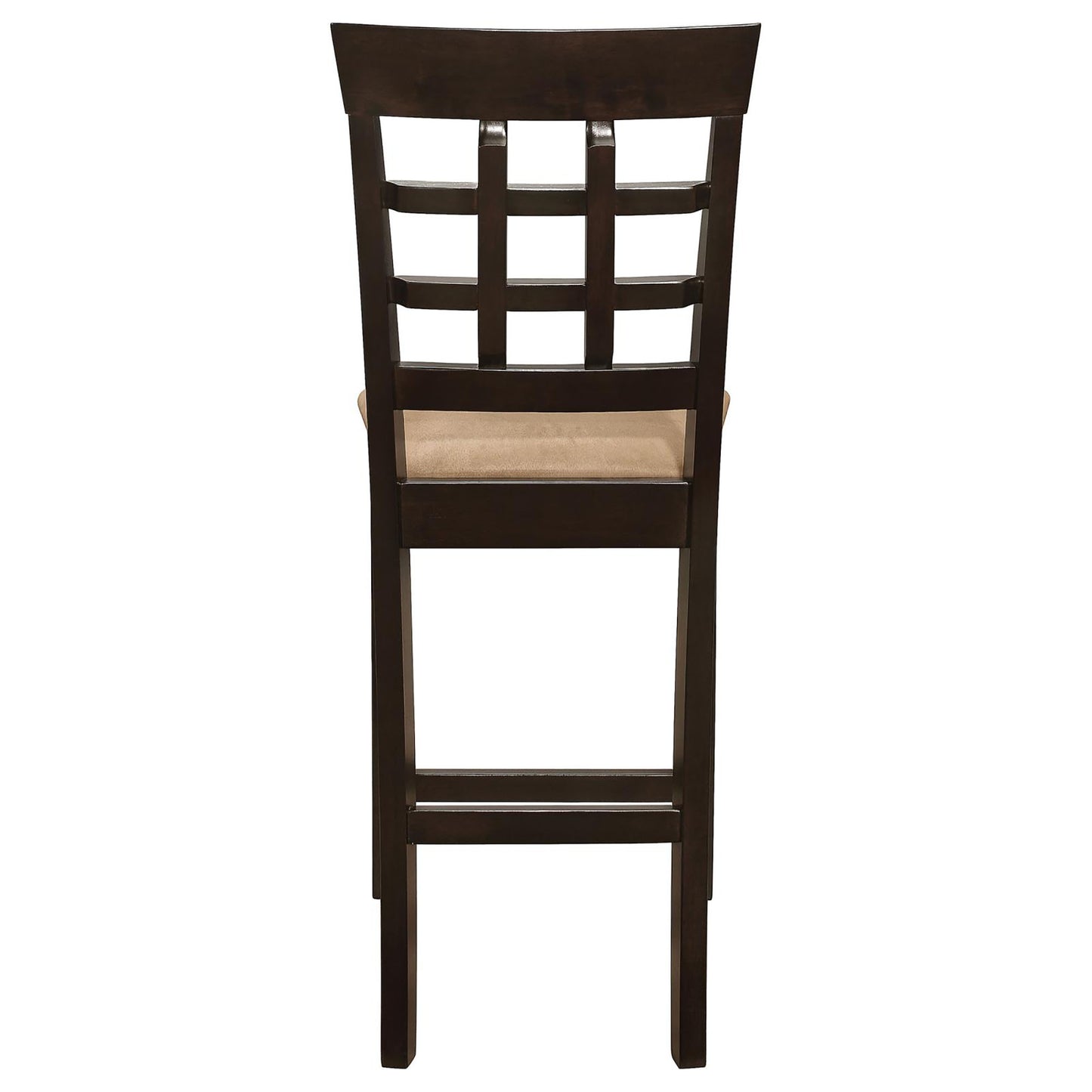 Dark brown wooden bar stool with a woven backrest and tan fabric seat