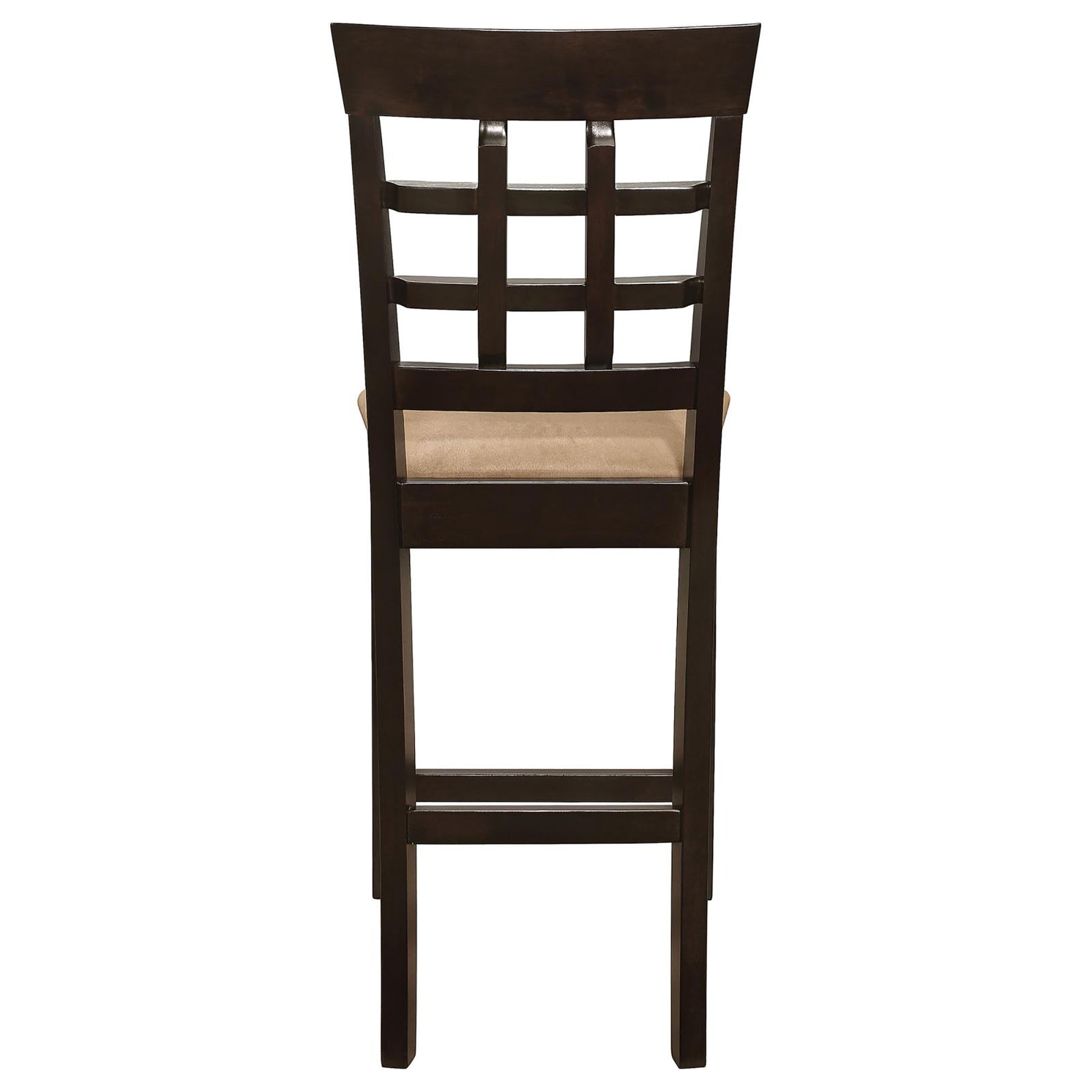 Dark brown wooden bar stool with a woven backrest and tan fabric seat