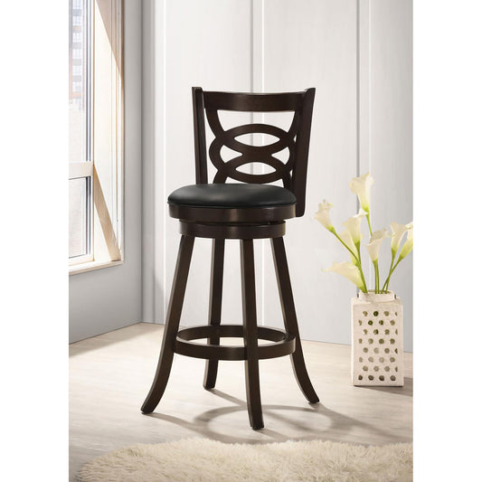 Dark brown wooden swivel bar stool with black upholstered seat and decorative backrest