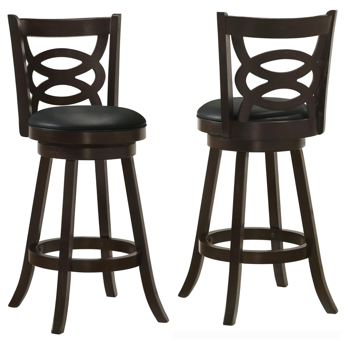 Dark brown wooden swivel bar stool with black leather seat and ornate back