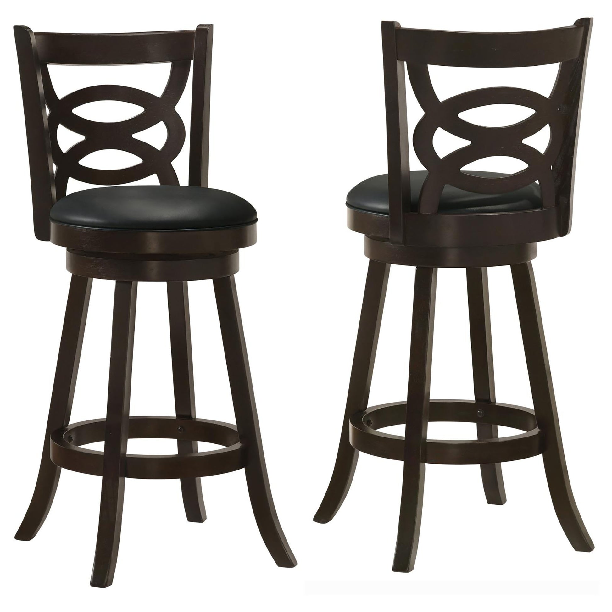 Dark brown wooden swivel bar stool with black leather seat and ornate back