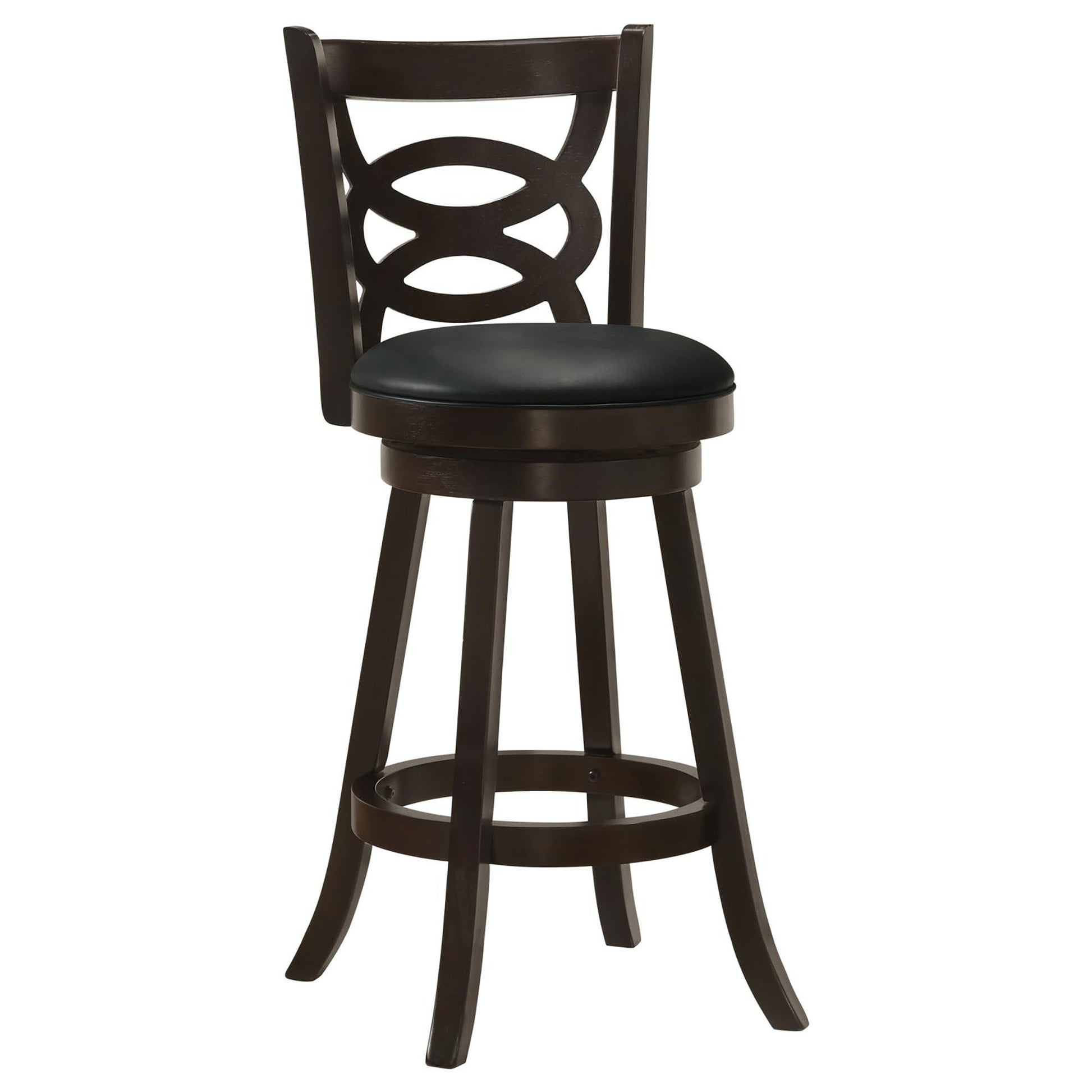 Dark brown wooden bar stool with black upholstered seat and circular back detail