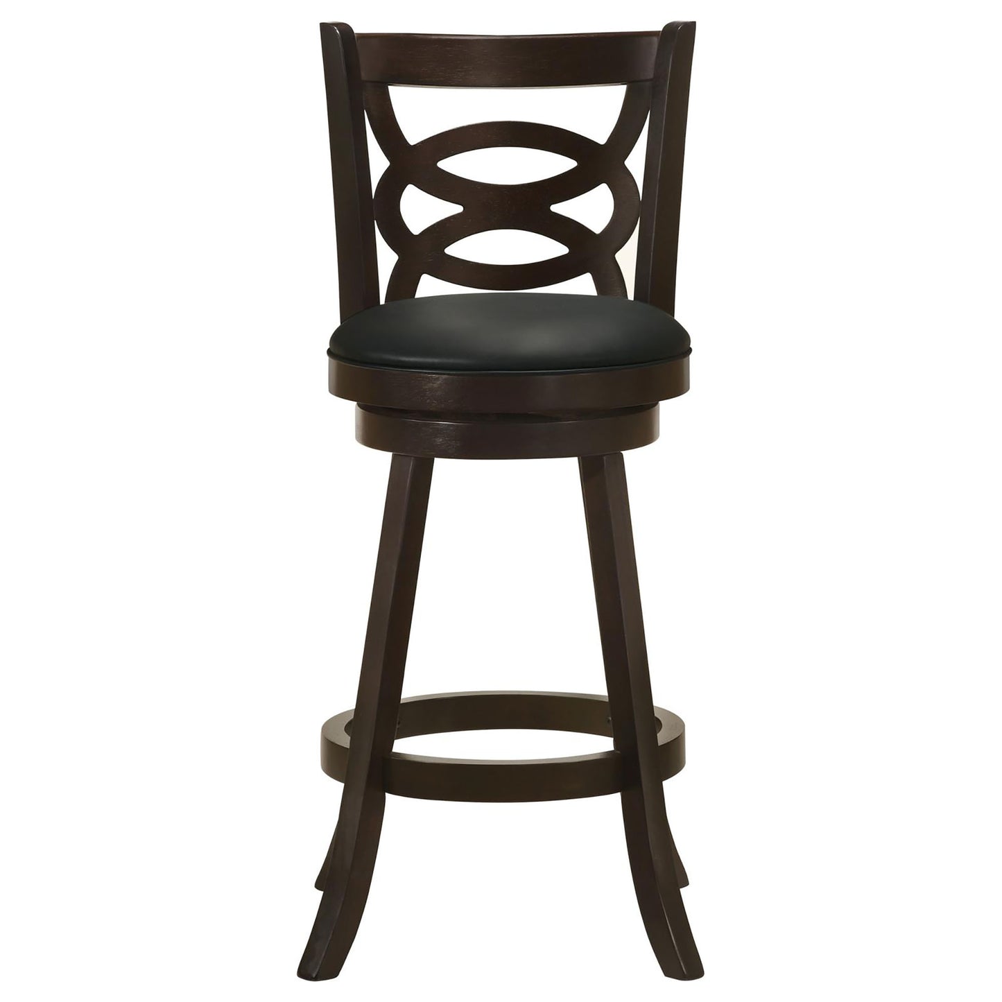 Dark wood swivel bar stool with black leather seat and quatrefoil back design