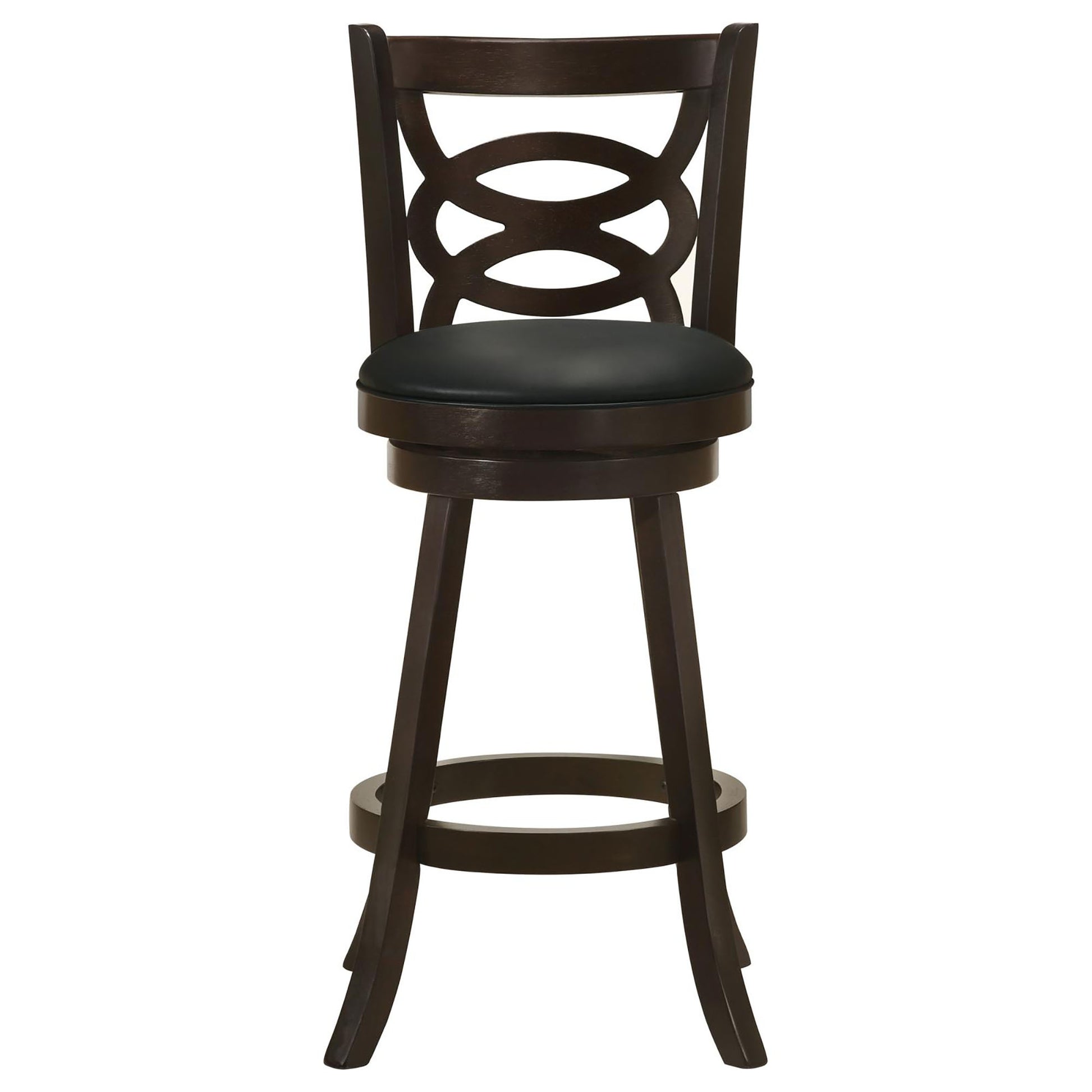 Dark wood swivel bar stool with black leather seat and quatrefoil back design