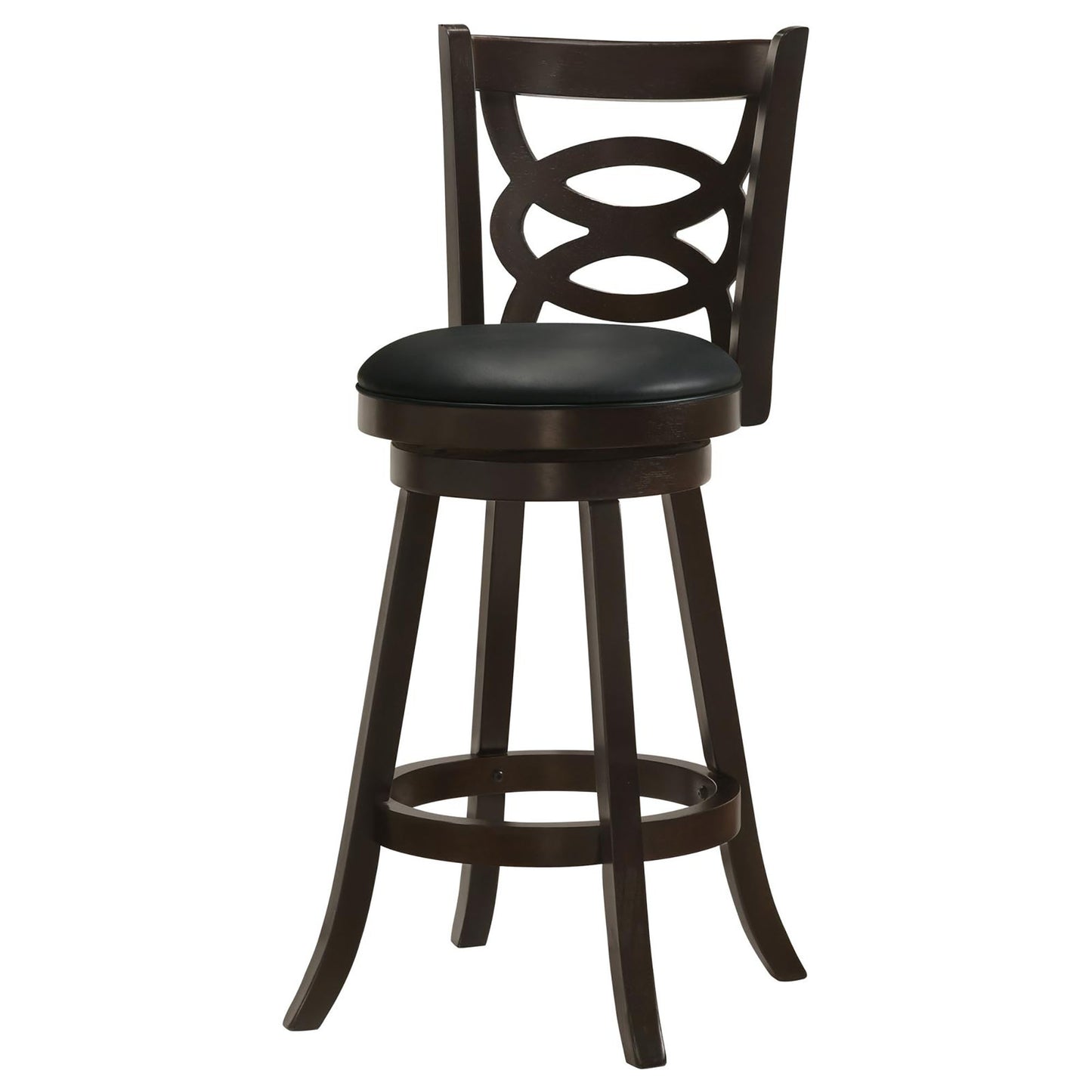 Dark brown wooden swivel bar stool with black vinyl seat and circular back cutout