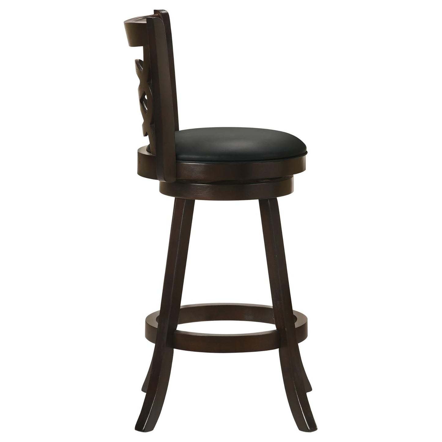 Dark wood swivel bar stool with black vinyl seat and carved back detail