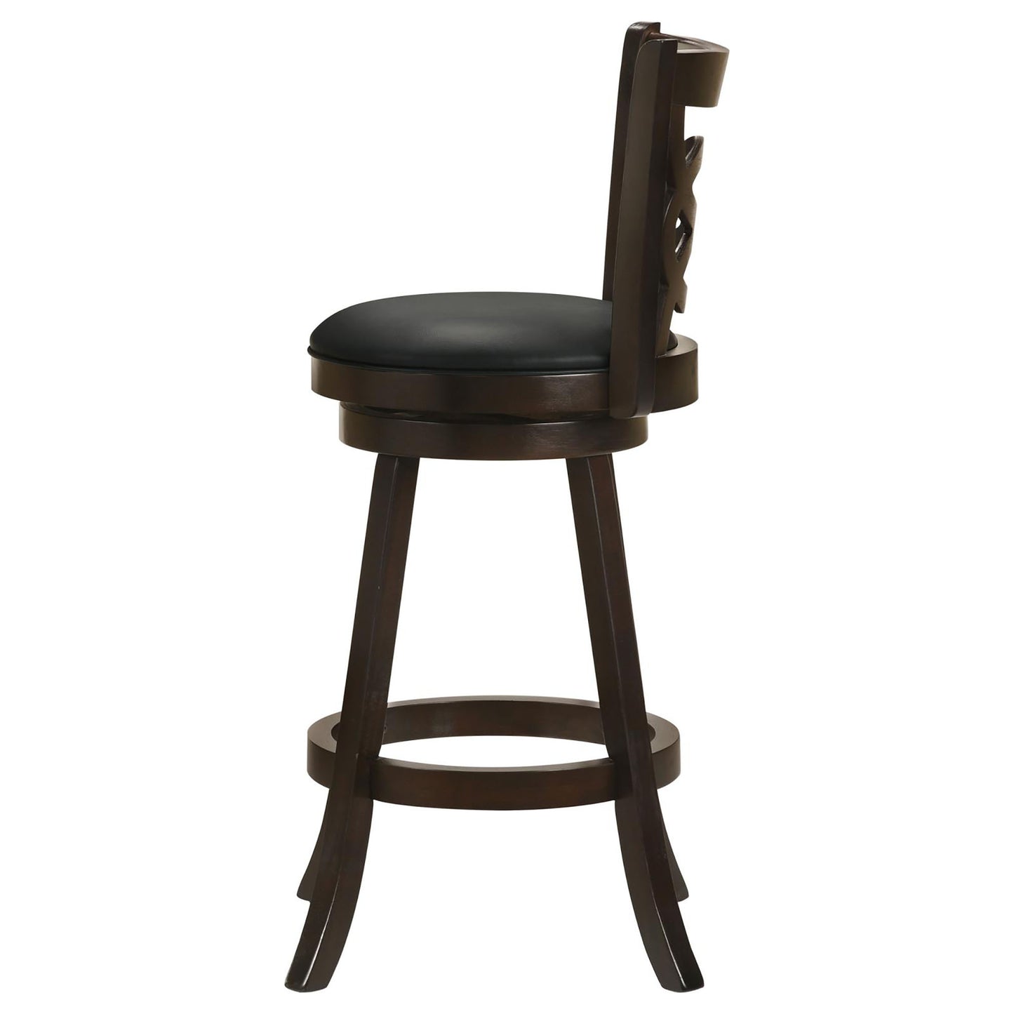Dark wood swivel bar stool with black vinyl seat and carved backrest