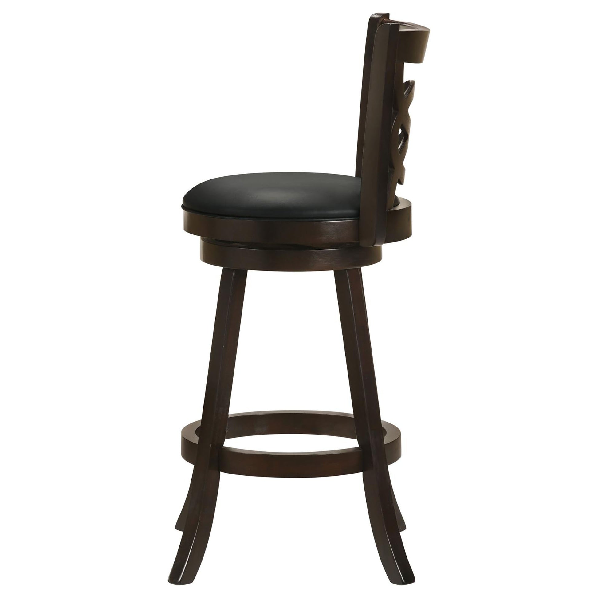 Dark wood swivel bar stool with black vinyl seat and carved backrest