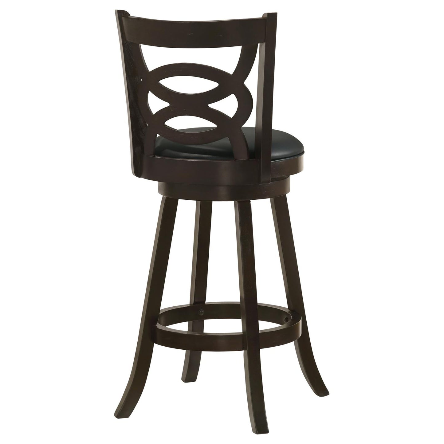Dark wood swivel bar stool with black cushioned seat and cutout back detail