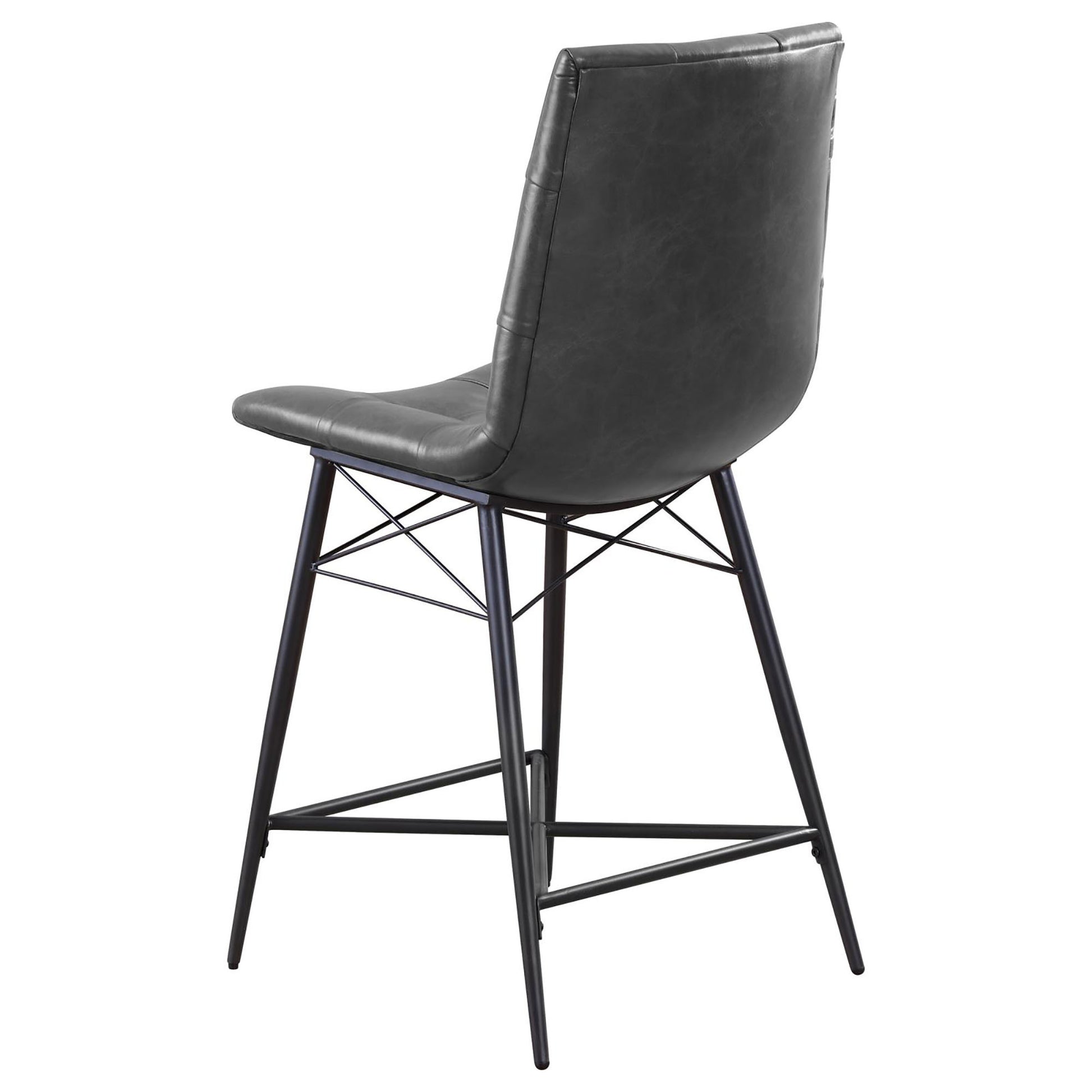 Dark grey faux leather counter stool with quilted back and black metal legs