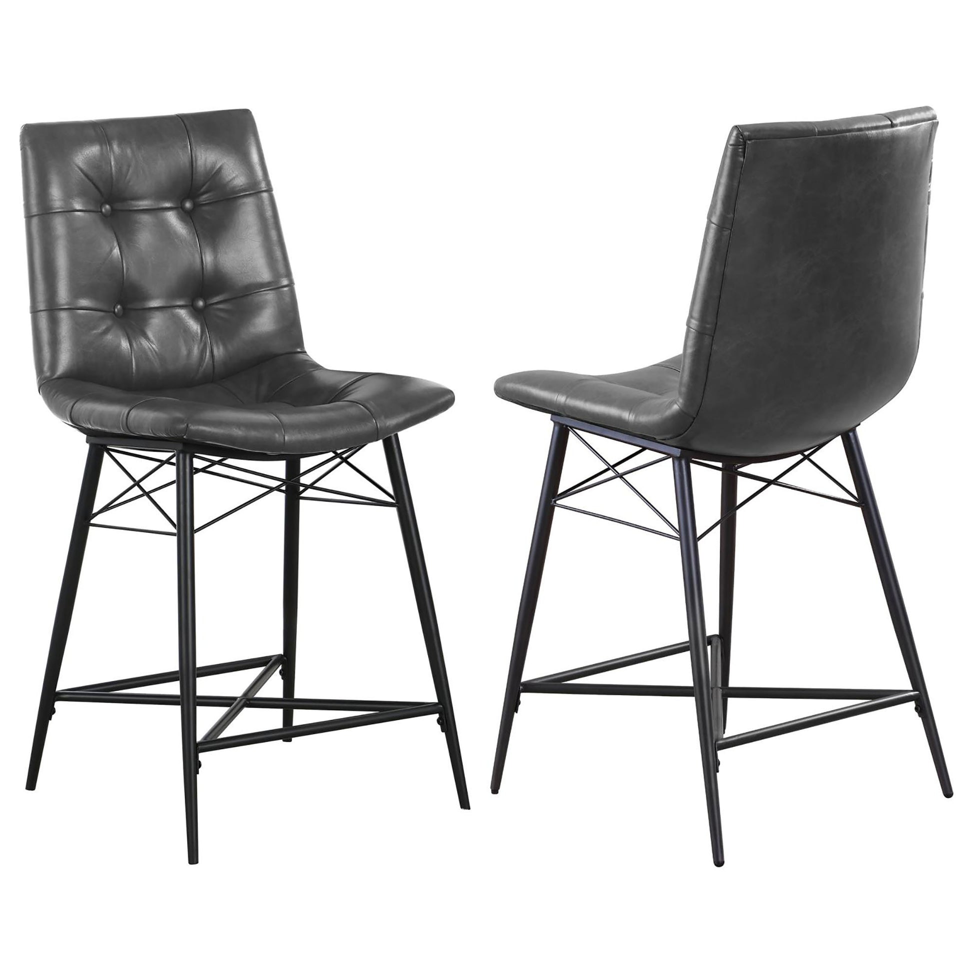 Tufted dark grey faux leather bar stool with black metal legs