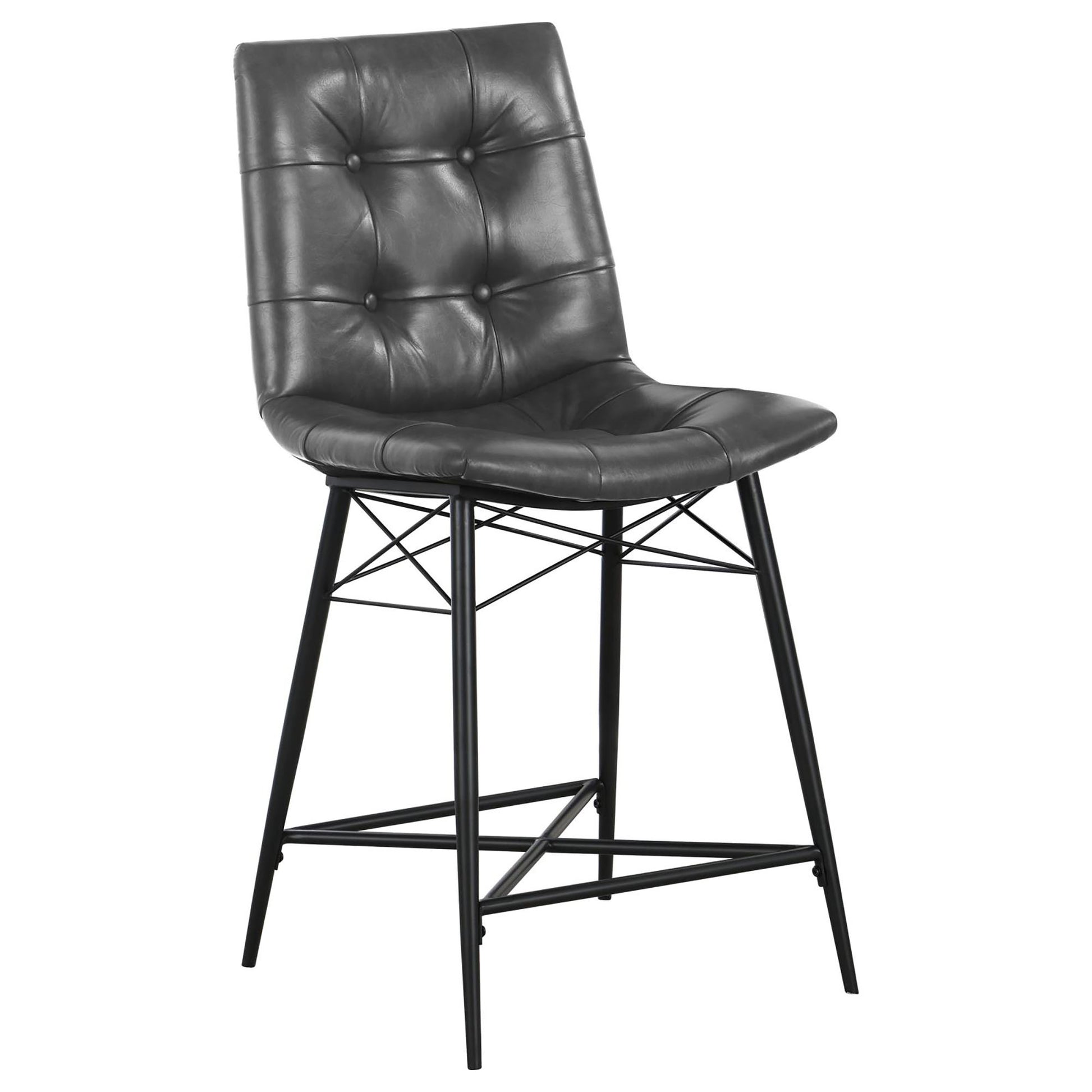 Tufted grey faux leather bar stool with black metal legs and a minimalist design