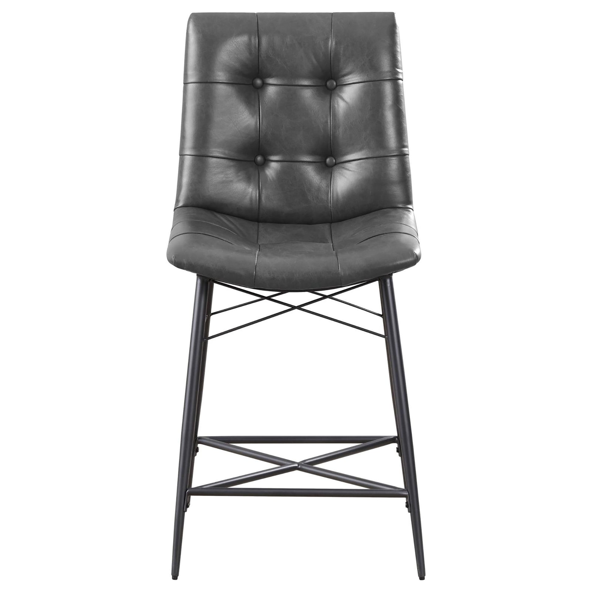 Tufted gray faux leather counter stool with dark metal legs and a diamond cross brace