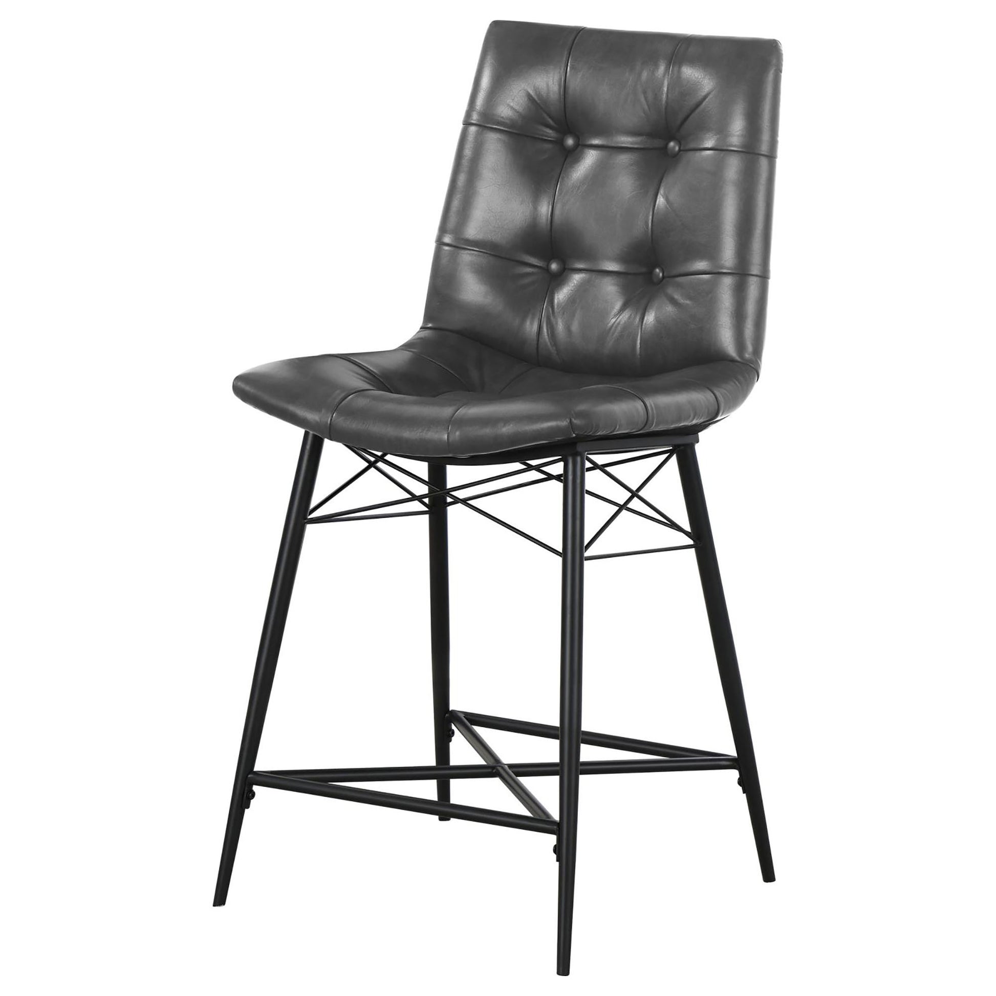 Dark gray tufted faux leather counter stool with black metal legs perfect for modern kitchens