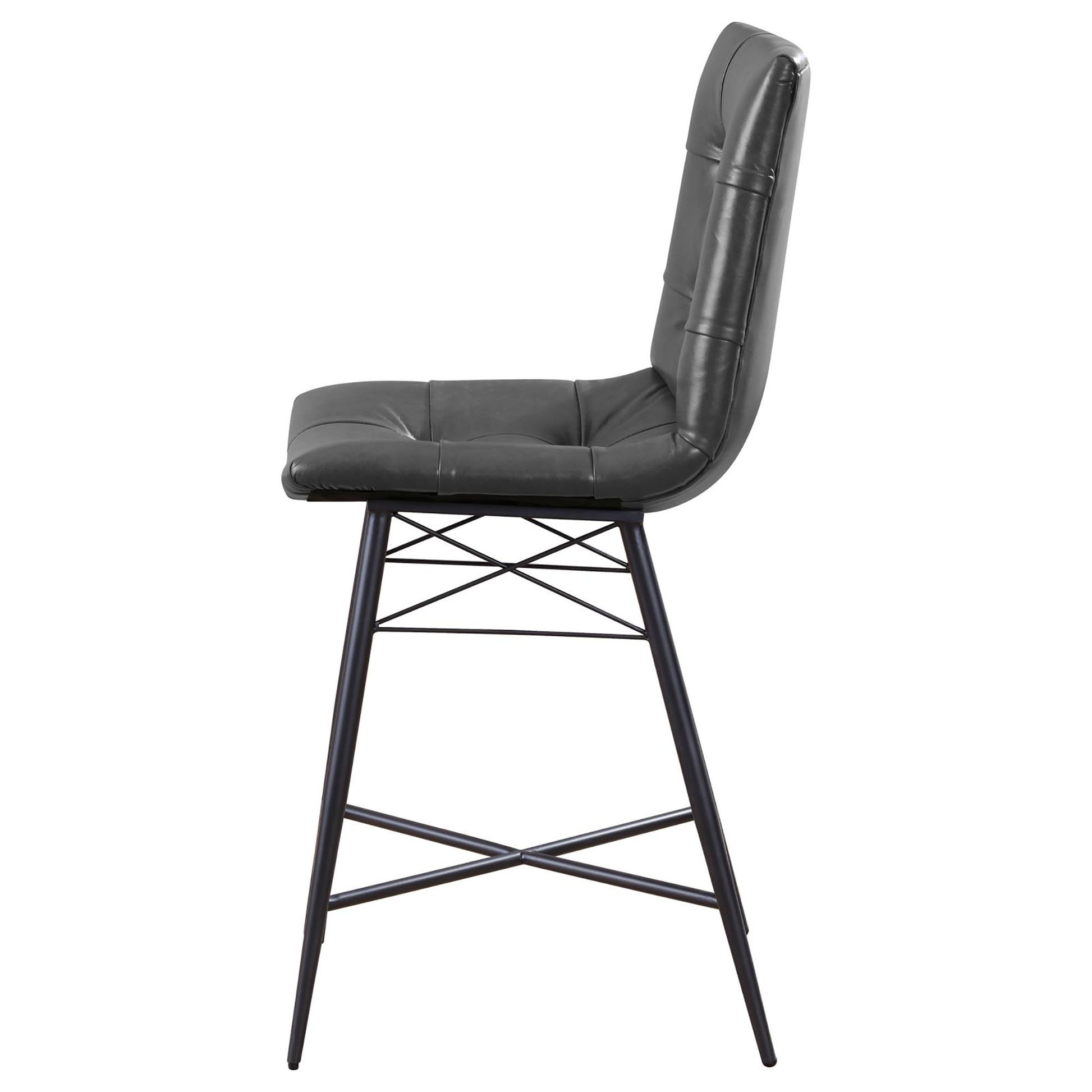 Dark grey faux leather tufted bar stool with black metal legs and footrest